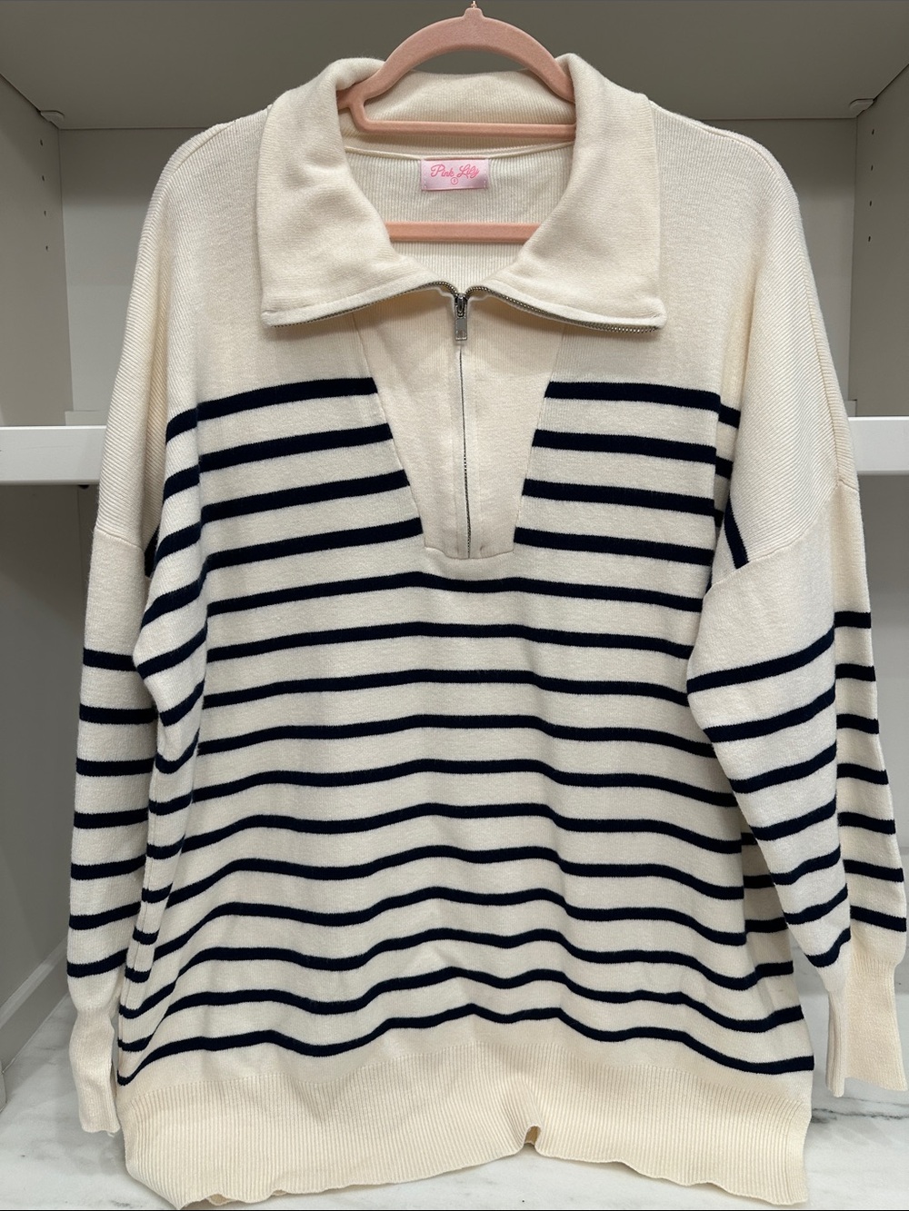 Pink Lily small Cream & Navy Striped Zip-Neck Sweater. Like new